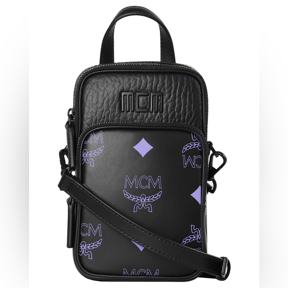 NWT! Unisex MCM Black Leather Color Splash Logo Mini Crossbody Bag